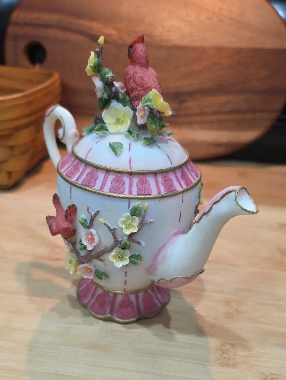 Porcelain Bird Teapot Figurine in Pink and Red - Decorative Pet Bird Accent